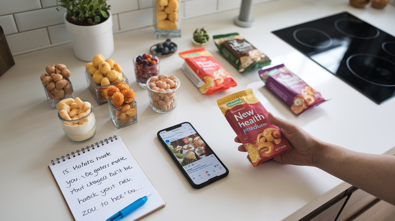 Create a realistic image of a sleek, modern kitchen countertop with various healthy snacks arranged neatly, a notepad with catchy slogans written on it, a smartphone displaying social media posts about the snacks, and a hand holding a vibrant, eye-catching packaging design for a new health food product.