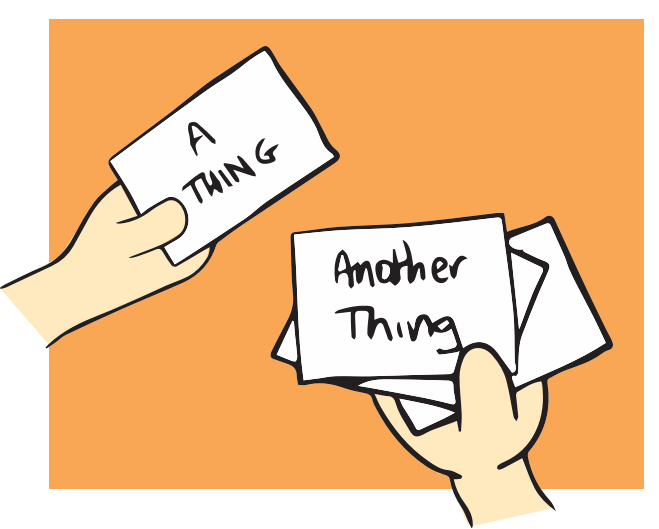 A cartoon drawing on an orange background showing two hands. One hand holds a card saying 'a thing' and the other hand is holding a card saying 'another thing'. 