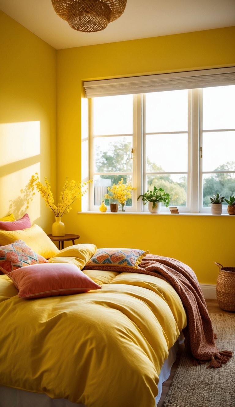 A sunny yellow bedroom with a Mimosa duvet cover, adorned with vibrant pillows and cozy throw blankets. Sunshine streams through the window, casting a warm glow over the room