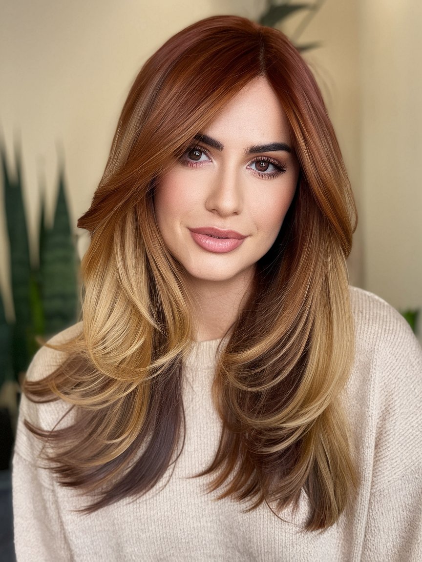 2. Deep Copper Brown with Golden Blonde Balayage