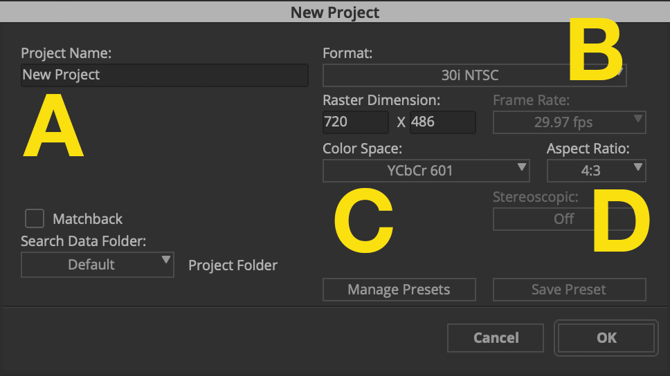 New Project dialog box. Answer choice A is the Project Name field. B is the Format option. C is the Color Space option. D is the Stereoscopic option.