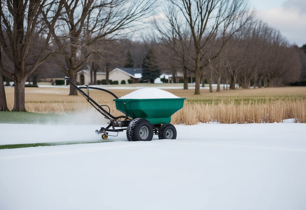 A snowy lawn with a spreader applying fertilizer, surrounded by dormant grass and leafless trees