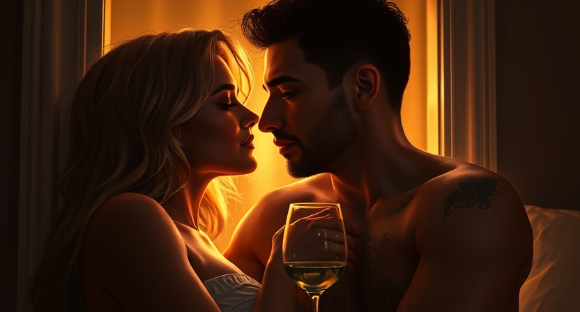 Two adults leaning against a doorway in low, golden light, their faces close, eyes half-closed with desire, a hint of wine glasses on a bedside table, silky bedding in the background, capturing the moment just before they gently fall into bed together.