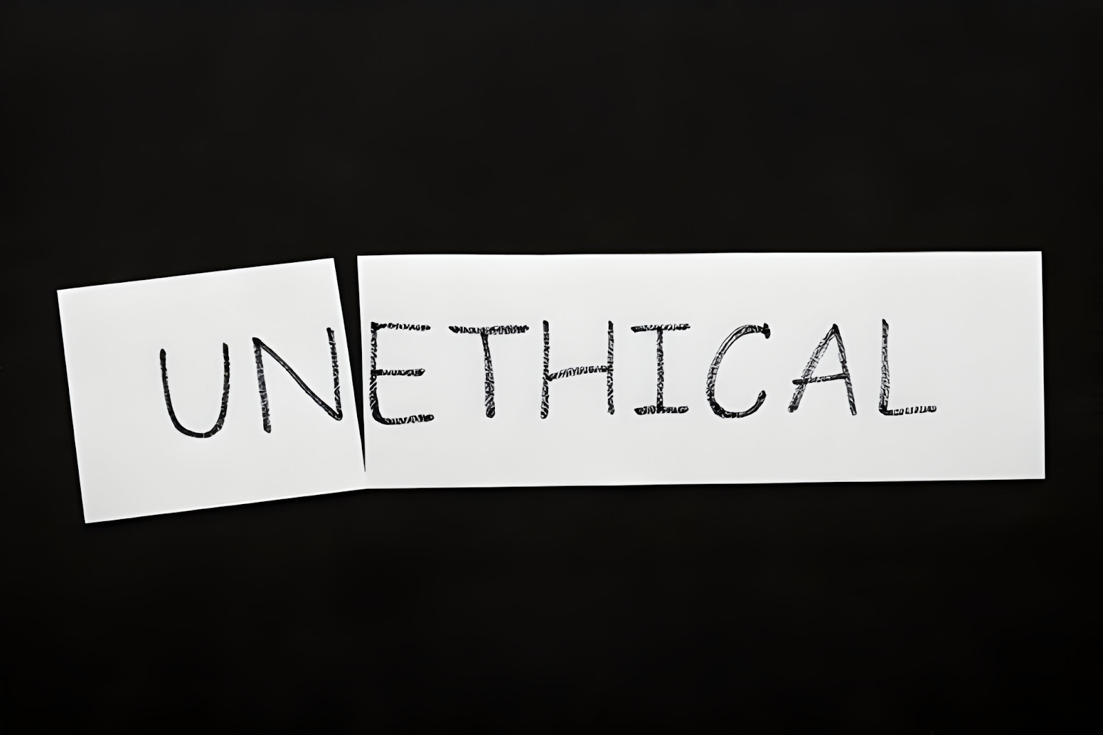 Word 'Unethical' split in half, symbolizing the destructive impact of unethical practices in accounting and their consequences.