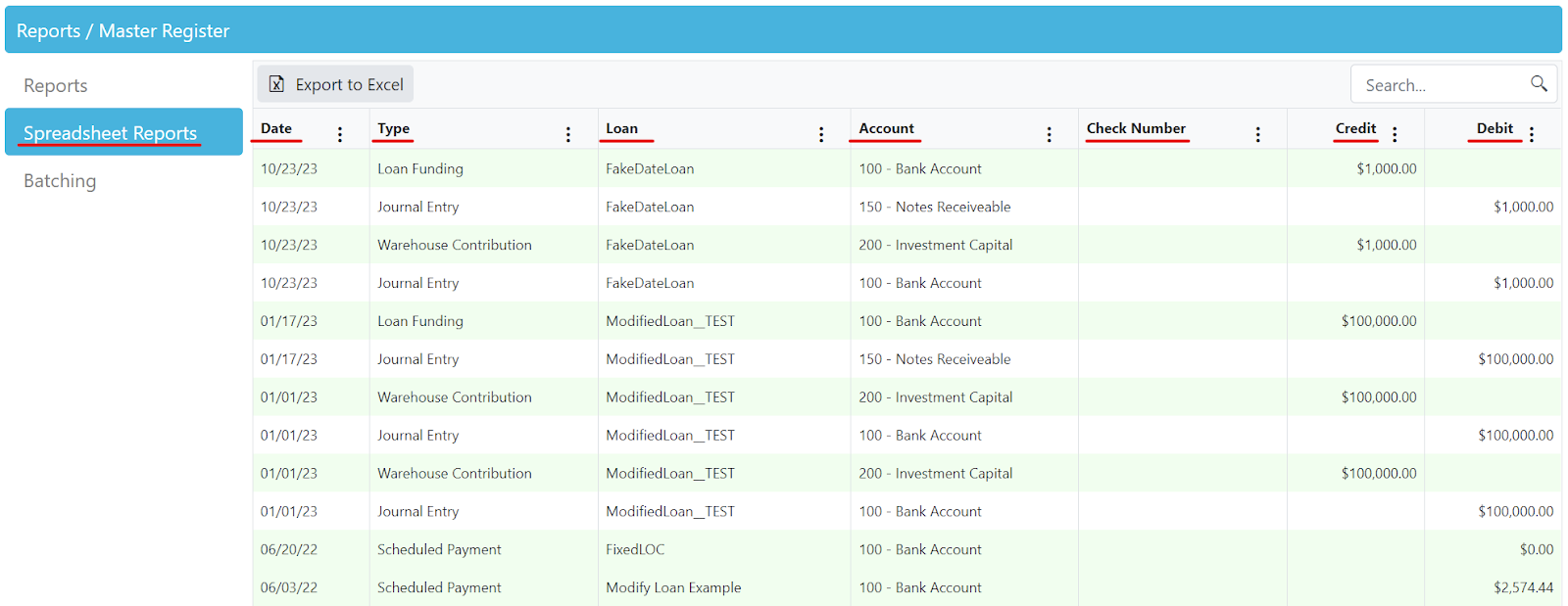 Master register report displaying financial transactions, including loan funding, journal entries, warehouse contributions, and scheduled payments.