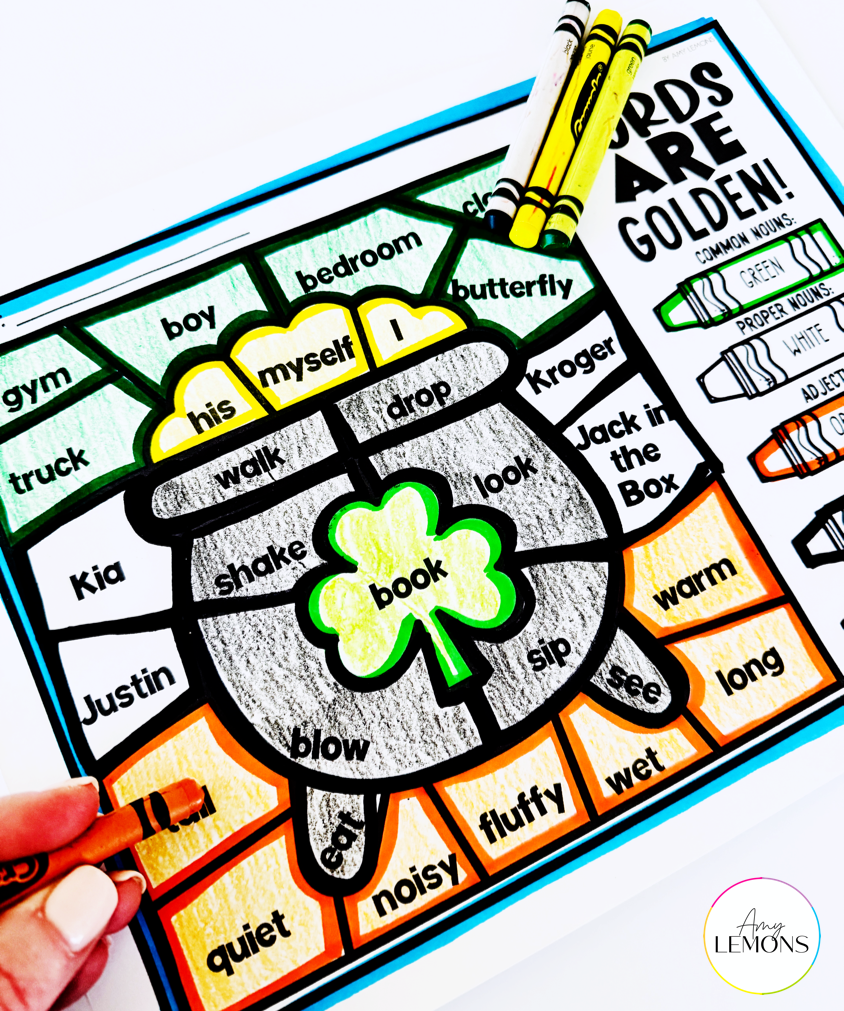 St. Patrick's Day color by code printable with a shamrock and grammar words.