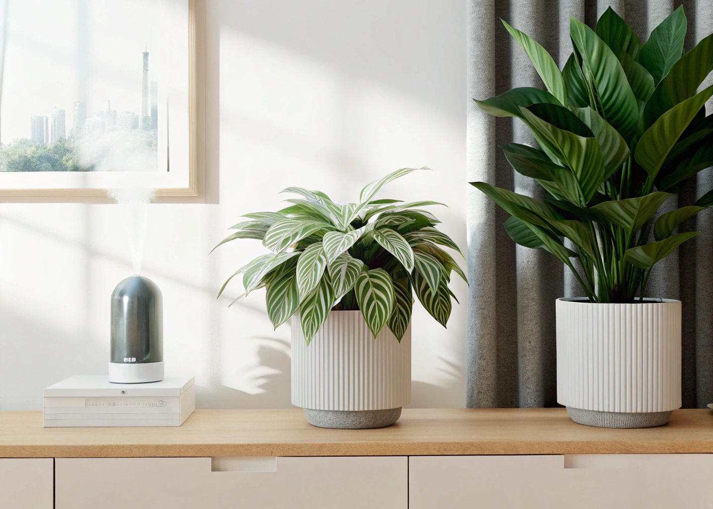 Marantas e calatheas em vasos decorativos dispostas em um aparador minimalista.