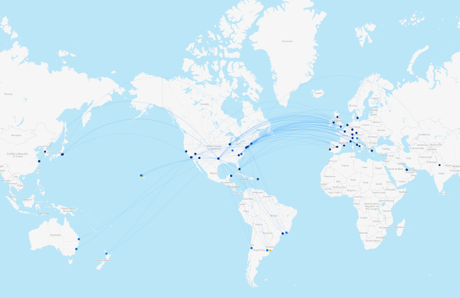 map of AA business class routes