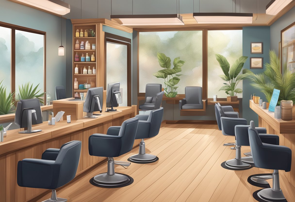 A cozy salon with various lash service options displayed on a menu board, a comfortable seating area, and a friendly receptionist ready to assist