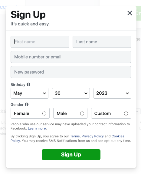 Screenshot of the sign up screen for new Facebook accounts