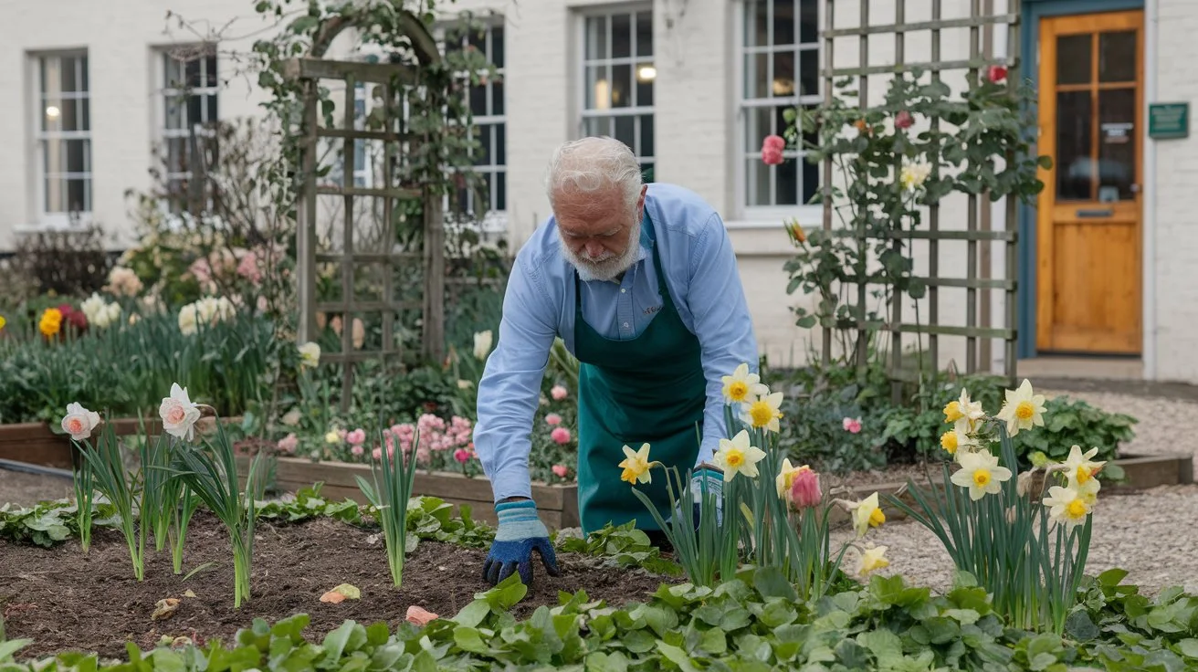 An older adult gardening or walking in a beautiful garden.