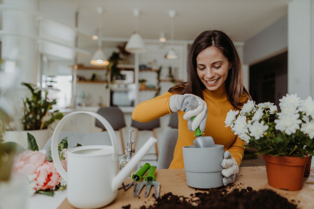 Mulher plantando flores em vasos