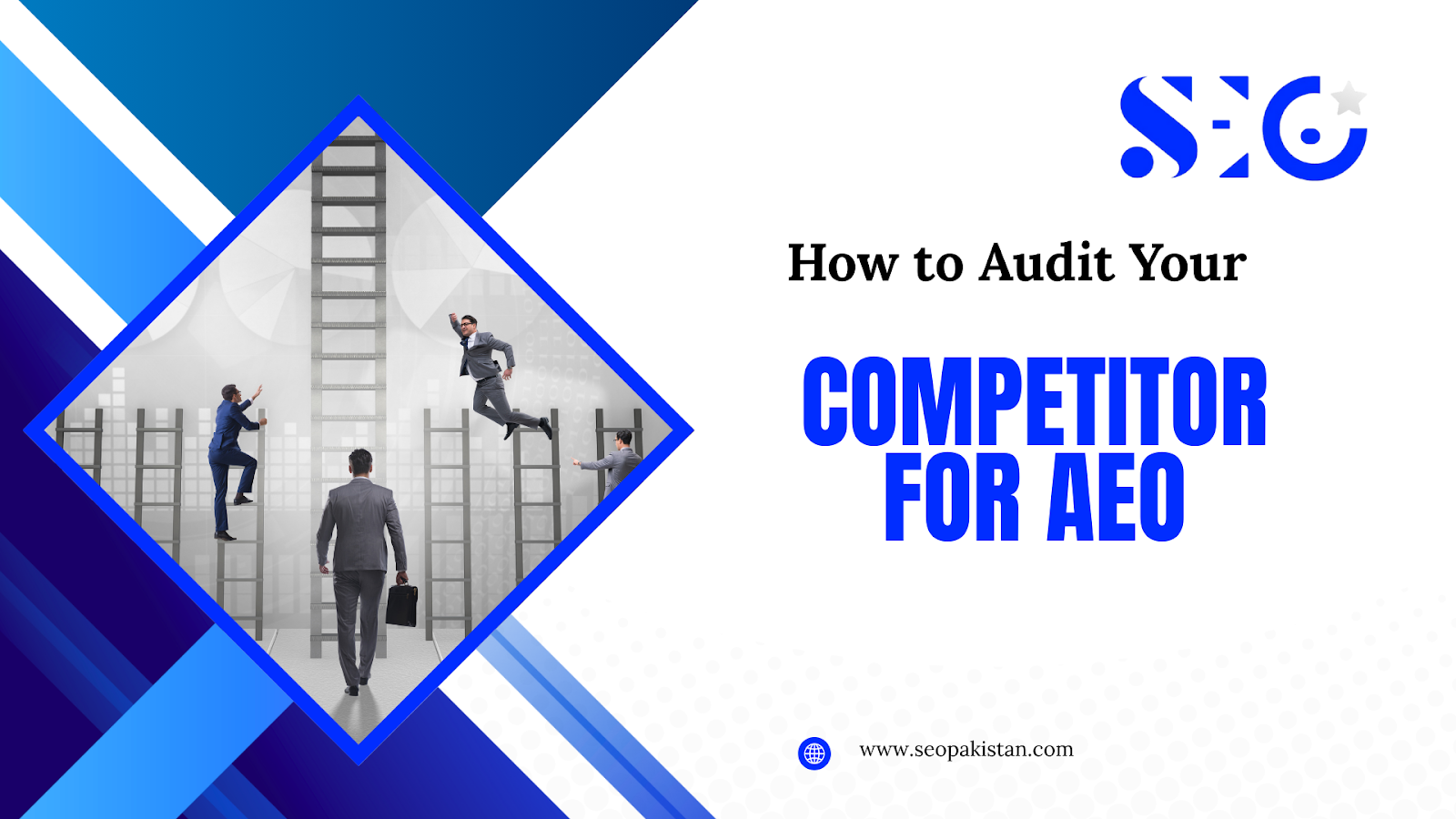 Businesspeople climbing ladders within a diamond shape, symbolizing competitive growth and strategy, with text "How to Audit Your COMPETITOR FOR AEO" and the SEO Pakistan logo.