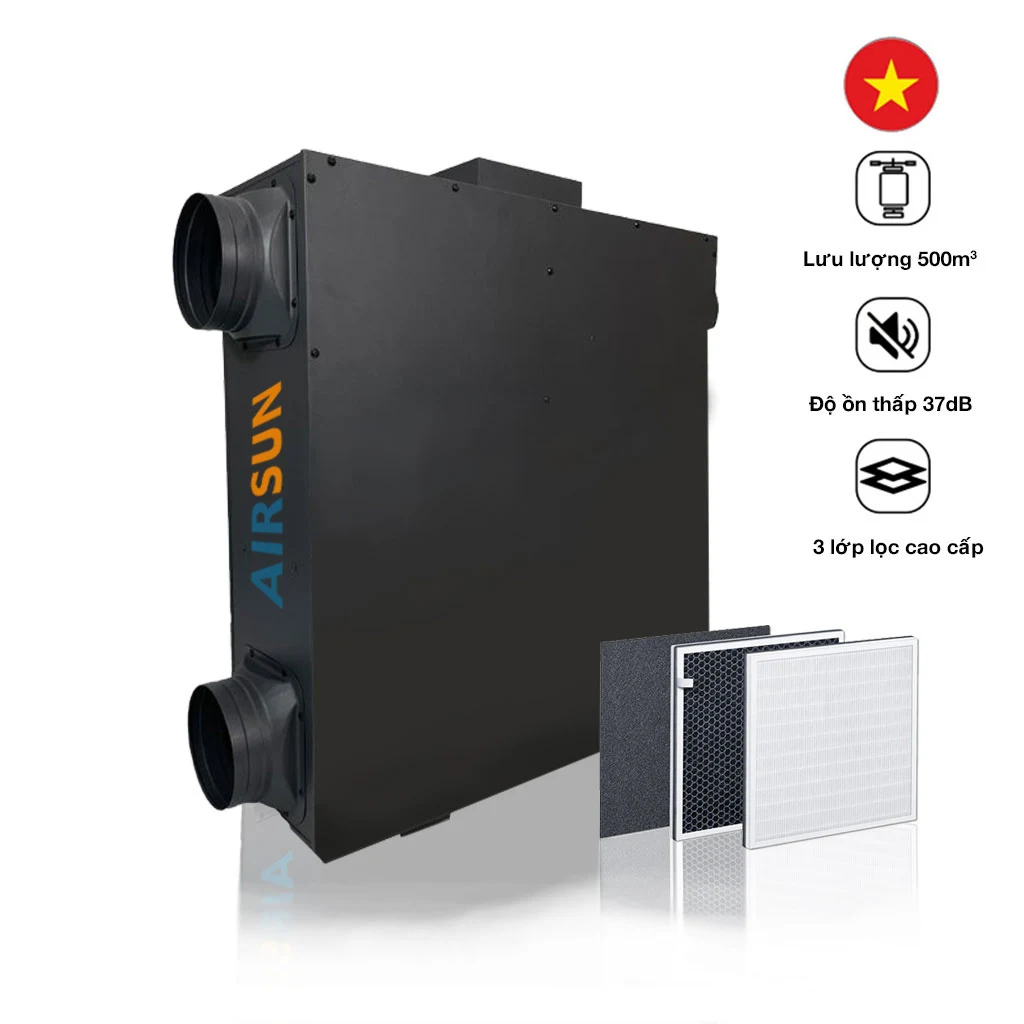 Hệ thống cấp khí tươi AirSun ERV ESD 500 với 3 lớp lọc chính + 1 lớp lọc thô