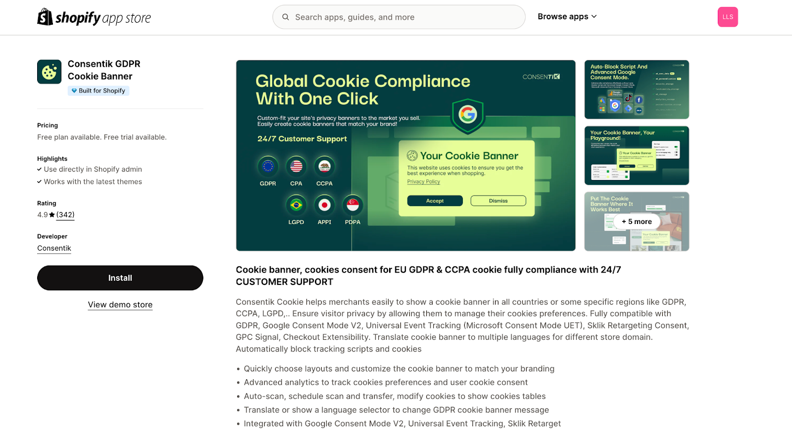 Consentik GDPR Cookie Banner on Shopify App Stores