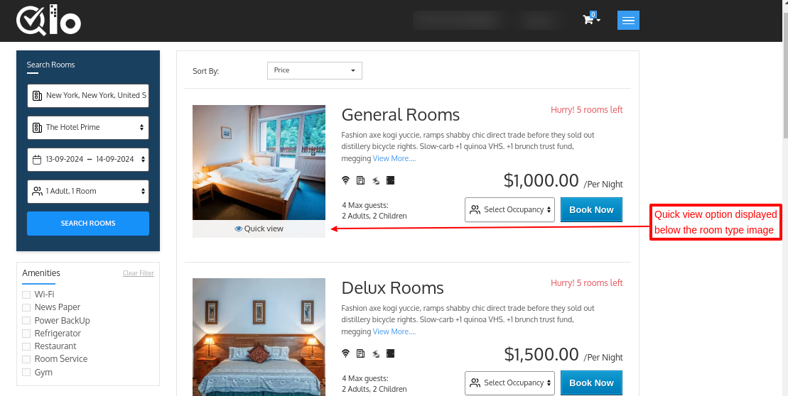 Quick view button displayed below the image of any room type 