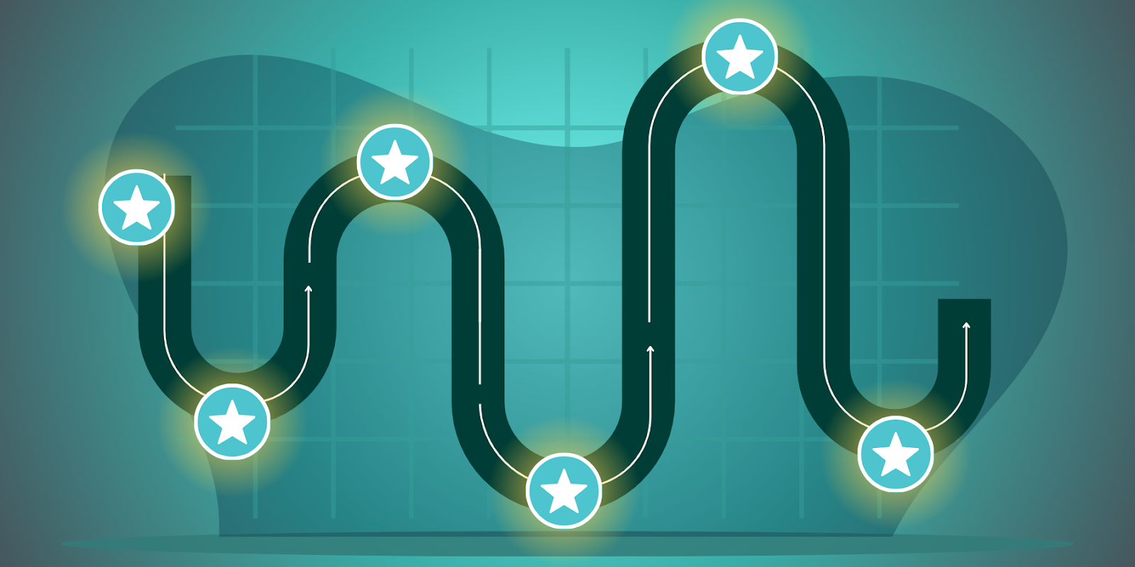 Illustration of a customer journey with multiple interactions, demonstrating the linear attribution model by evenly highlighting all touchpoints.