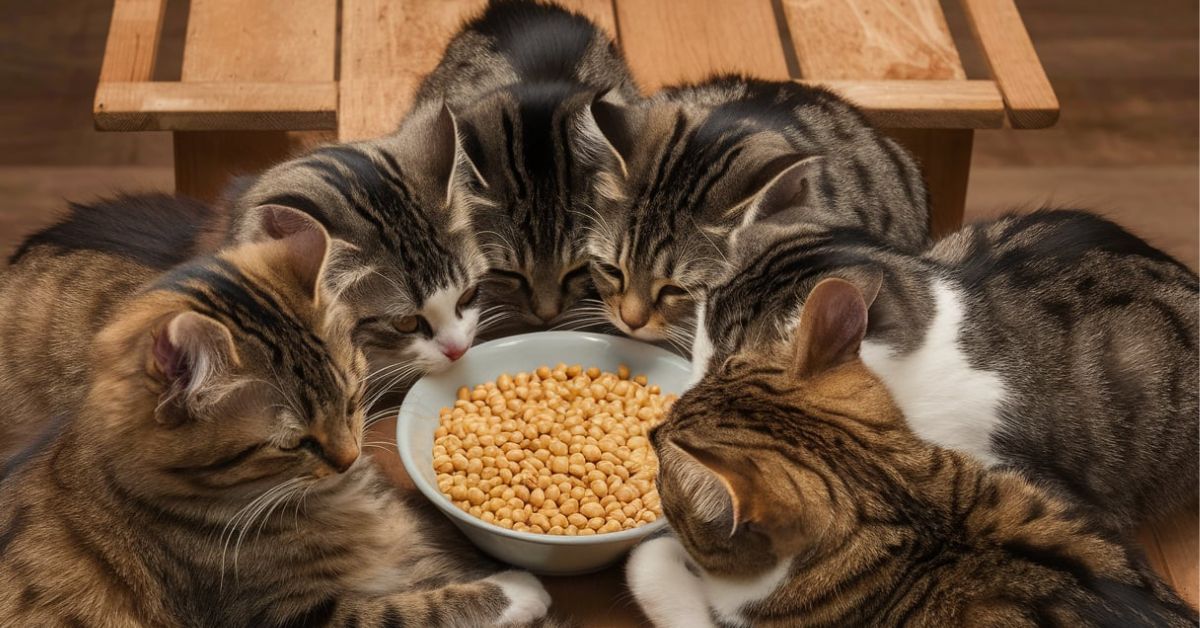 Five cats gathered around a bowl of food, enjoying their meal together, showcasing the theme of Cats and Soy.