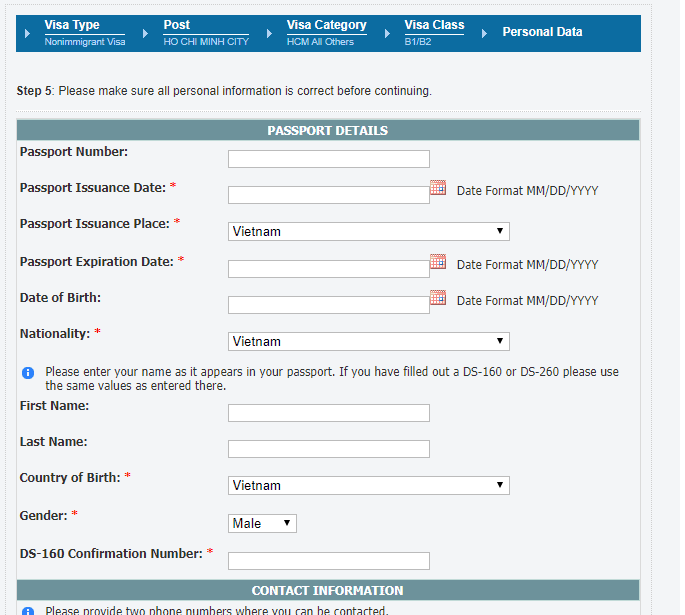 Hoàn tất các thông tin cá nhân để đặt lịch hẹn visa Mỹ