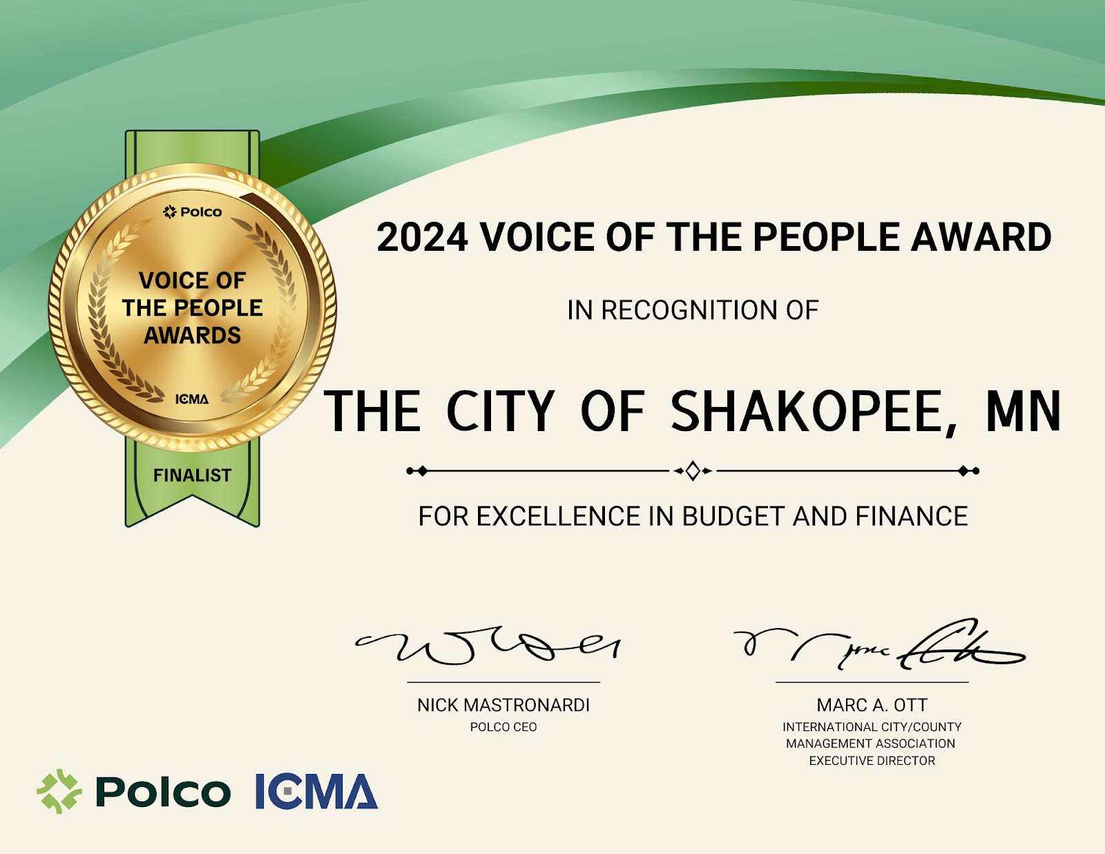 Shakopee, Minnesota: Voice of the People (VOP) Award Finalist for Excellence in Budget & Finance