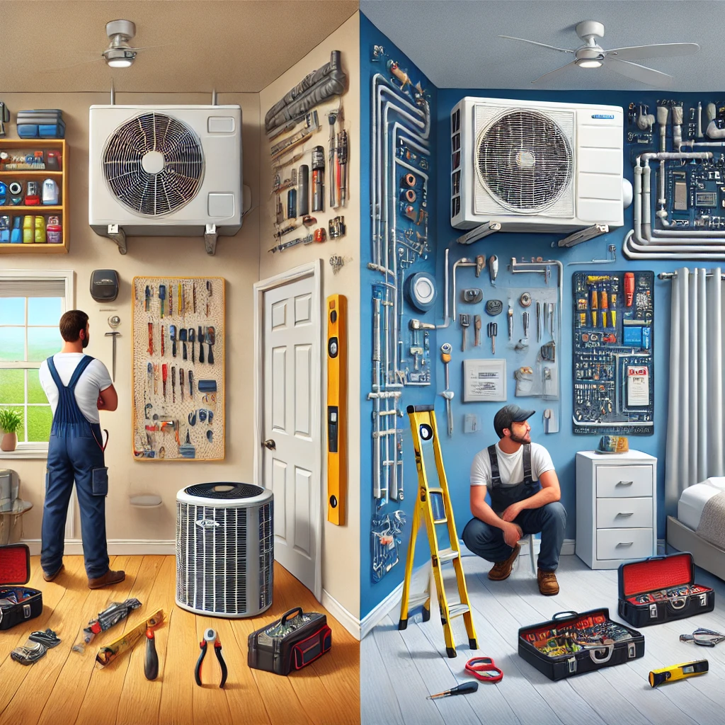 Split scene of a homeowner in a garage and an HVAC pro in a hotel room, each preparing for PTAC installation.