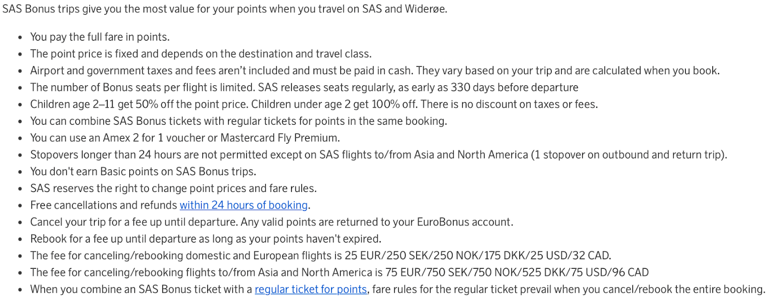 SAS award ticket change and cancellation fees