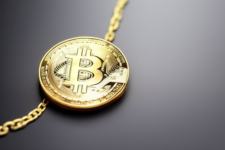 Close-up of a golden Bitcoin coin on a fine gold chain with a light gray background.