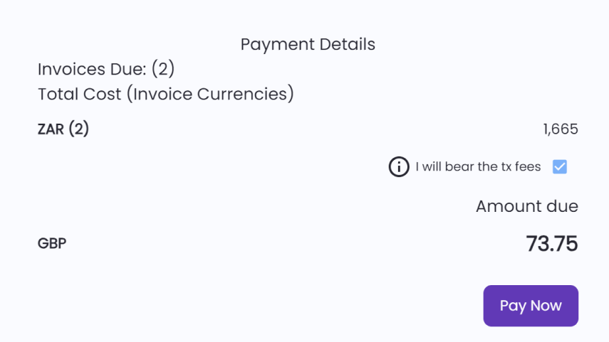 Invoice review screen showing invoice amount and payment options