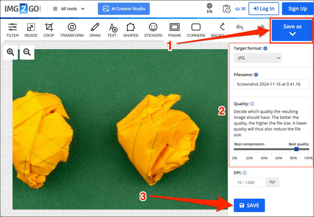 Steps to save a cropped screenshot in the IMG2GO online photo editor