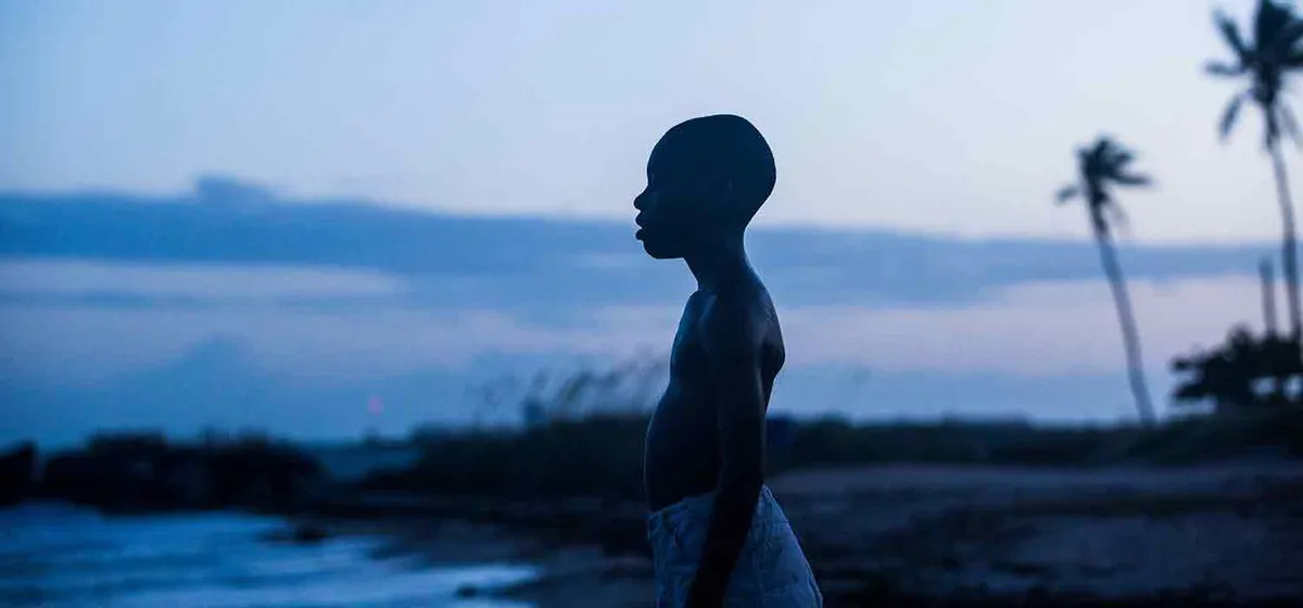 Joven afroamericano de perfil mirando al horizonte en una playa durante el atardecer en la película Moonlight.