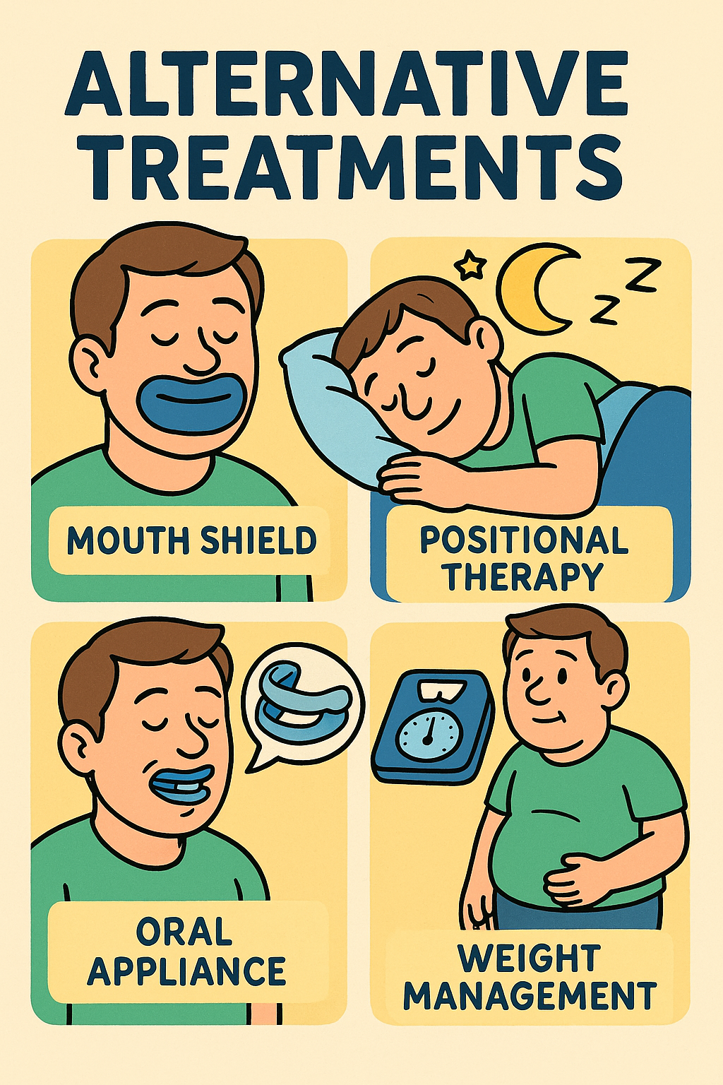 sleep apnea treatments: Mouth Shield, Positional Therapy, Oral Appliance, and Weight Management