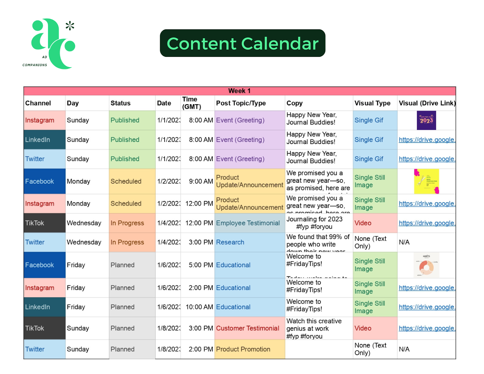 sample content calendar