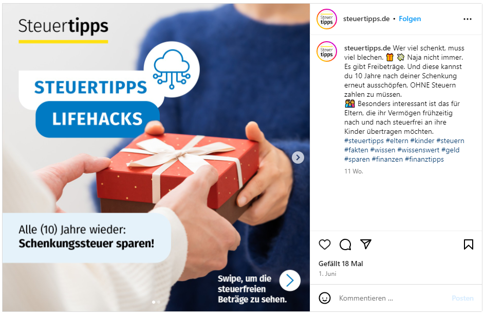 Instagram von steuertipps.de zur Schenkungssteuer.