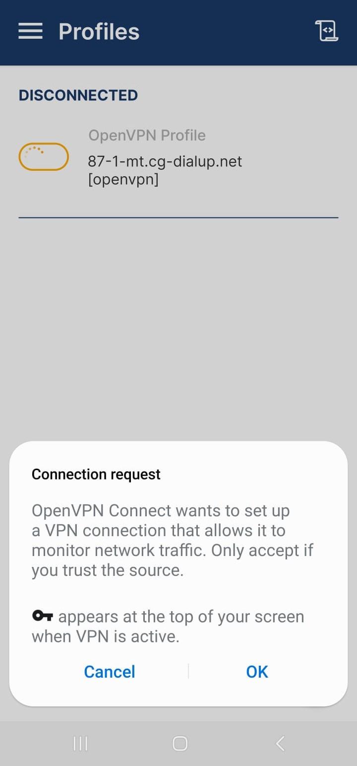 OpenVPN Connect Android app's connect screen.