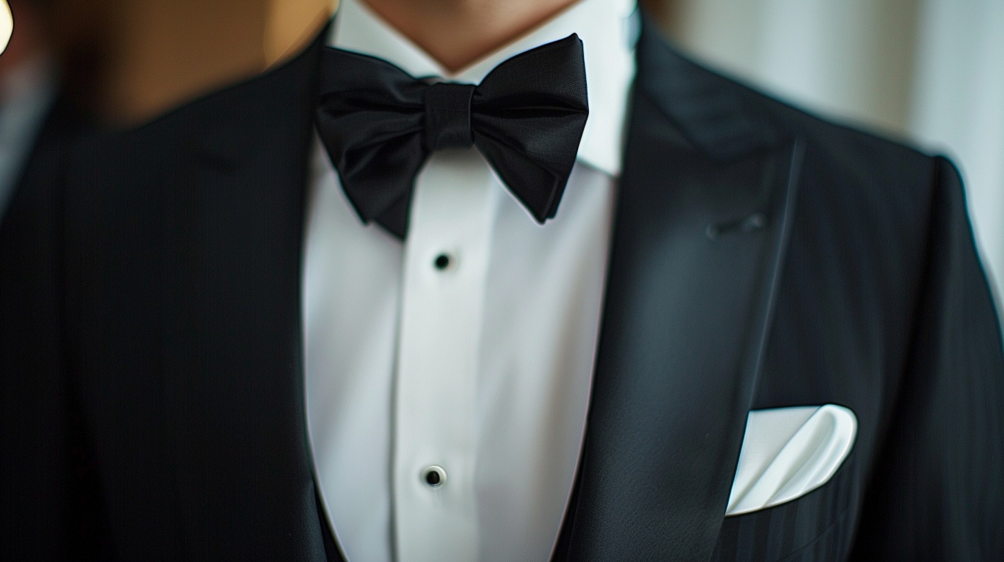 Design a formal prom outfit featuring a black tuxedo with satin lapels, a crisp white shirt, black bow tie, and polished black shoes. Optional accessories: cufflinks, a pocket square, or a cummerbund. Capture that upscale, red-carpet vibe.