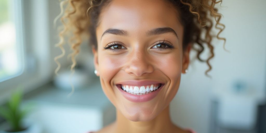 Person smiling with clear Invisalign aligners in dental clinic.