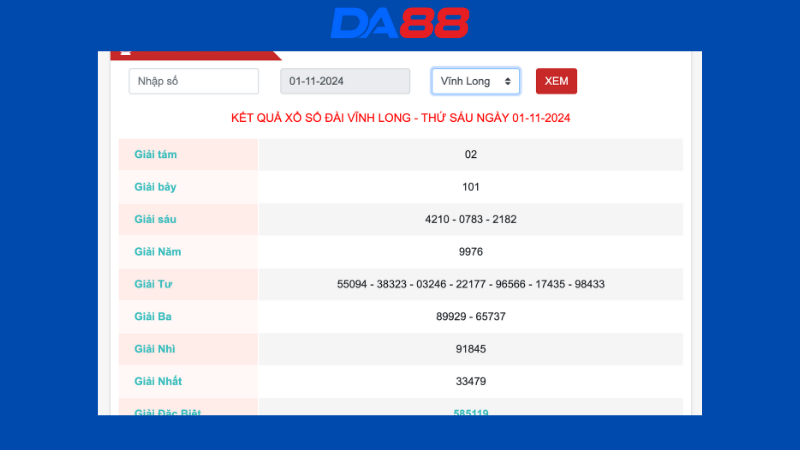Kết quả xổ số Vĩnh Long ngày 01/11/2024