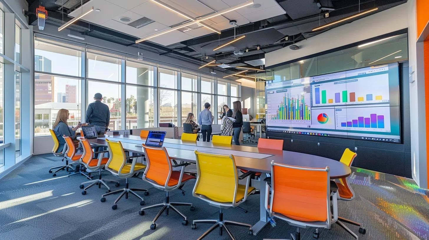 a sleek, modern office workspace vibrantly showcases a large monitor displaying colorful analytics charts and seo elements like title tags and headings, with focused professionals collaborating around a stylish conference table, emphasizing the dynamic process of optimizing on-page seo for improved online rankings.