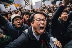 This contains an image of a group of people with their mouths open and hands in the air, some holding up signs