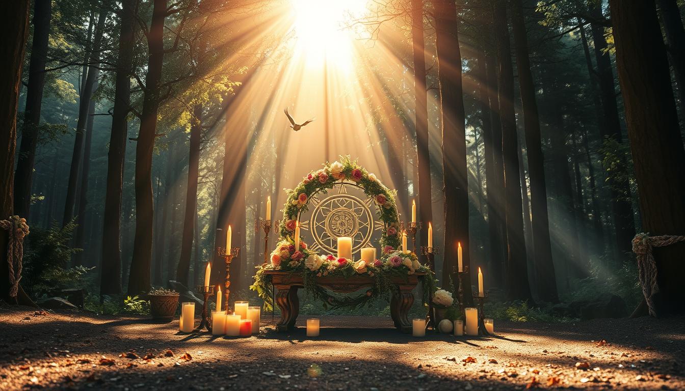 An image of a mystical forest clearing with a bright beam of sunlight shining down on a beautifully decorated altar. The altar is adorned with flowers and crystals, surrounded by candles flickering in the breeze. The space feels serene and sacred, invoking a deep sense of peace and connection to nature. Birds can be seen flying in the distance, adding to the ambiance of the tranquil environment.