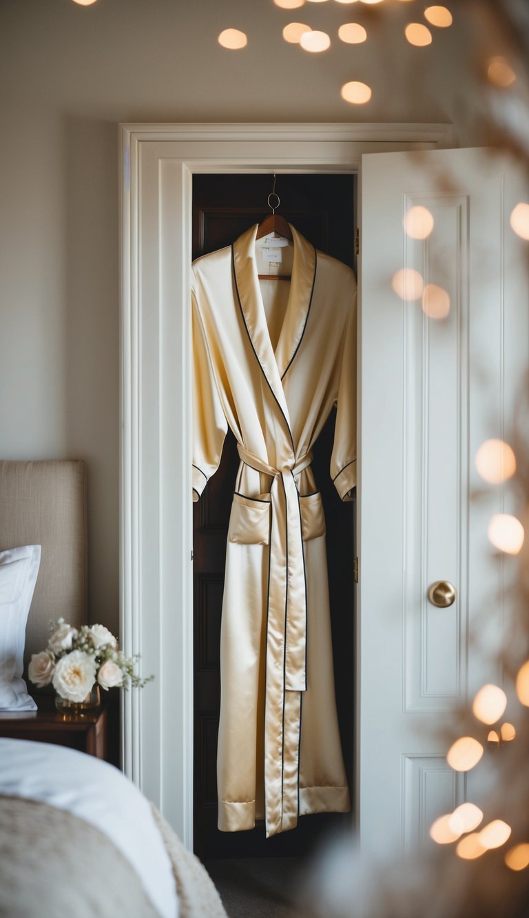 A luxurious silk robe hangs on a bedroom door, surrounded by soft, romantic decor