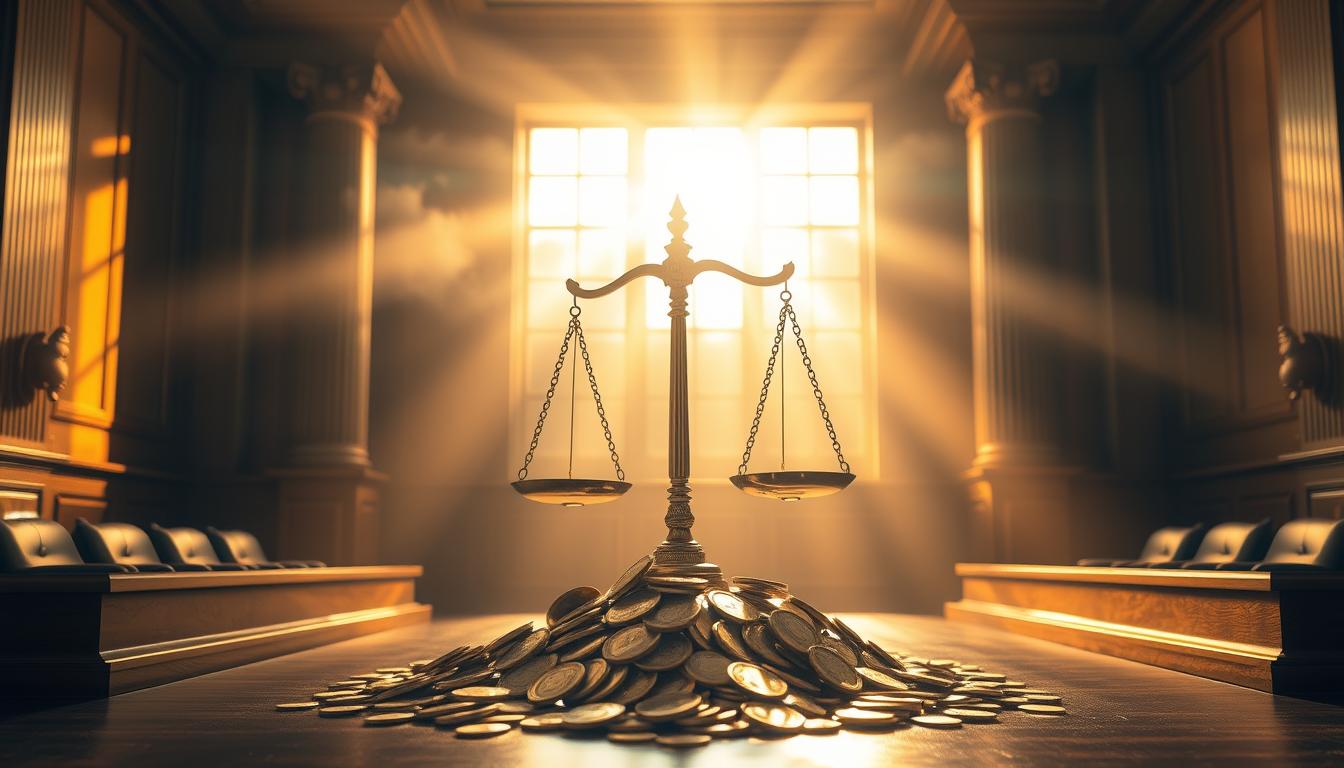 A serene courtroom bathed in golden light, showcasing a scale of justice balanced over a pile of shimmering coins, with an ethereal aura surrounding the scene, symbolizing hope and prosperity. In the background, soft clouds and rays of sunlight filtering through the windows create a sense of peace and positivity.