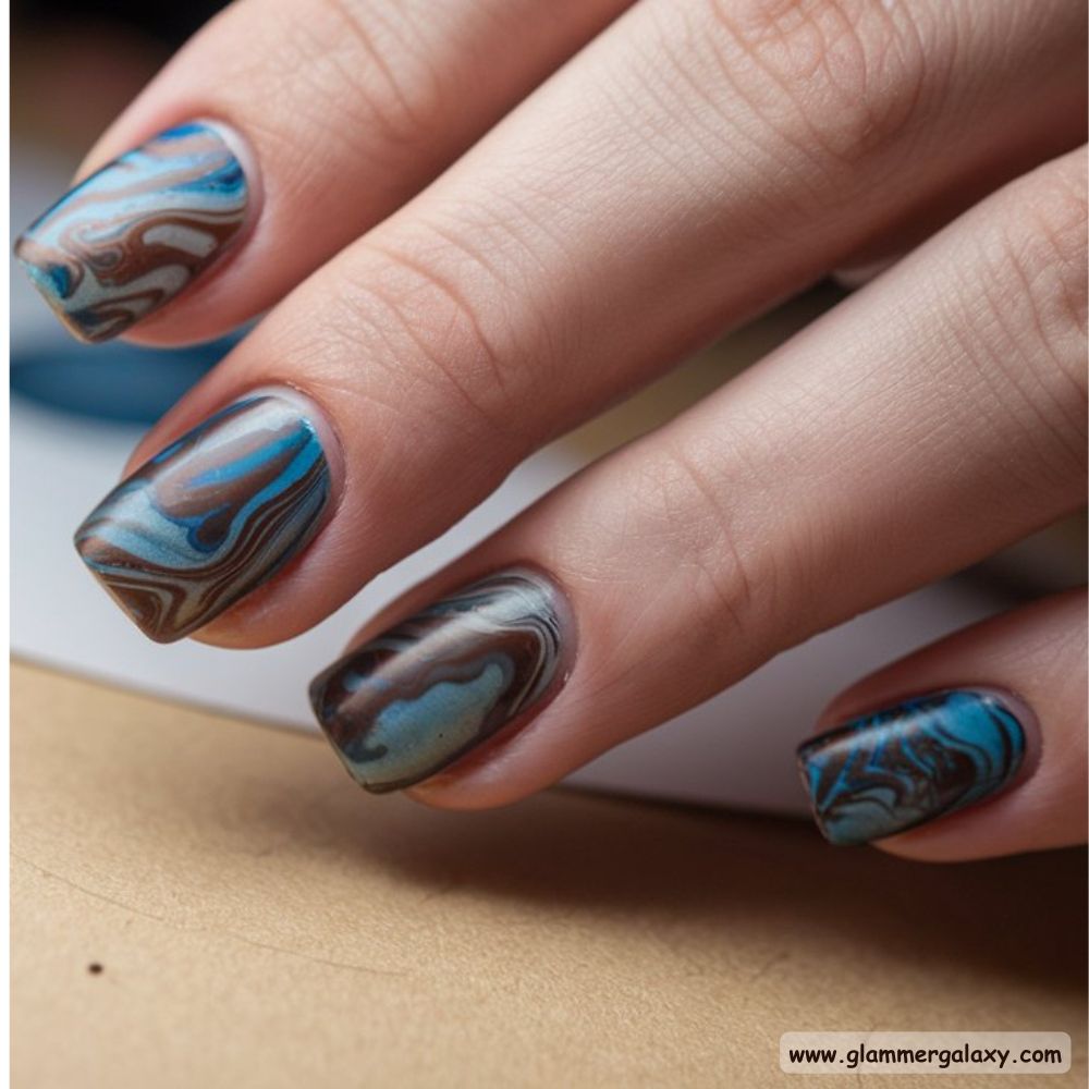 Blue and Brown Nails with Sophisticated Marble Effect