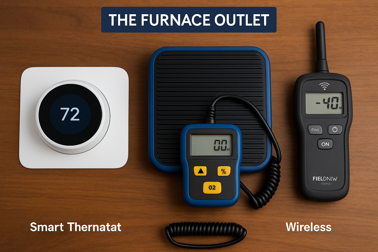 A digital photograph displays three smart system tools on a wooden surface—a white smart thermostat, a blue Bluetooth refrigerant scale with digital readout, and a wireless system tester—with "The Furnace Outlet" branding at the top