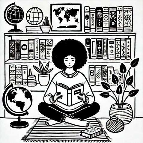 A simple black and white line drawing of a person with dark skin sitting in a cozy space, reading a book. They are surrounded by a few other books from around the world, each with subtle design differences to represent different cultures. The setting includes a small globe and minimal cultural artifacts to emphasize the international theme. The style should be clean, minimalistic, and hand-drawn.