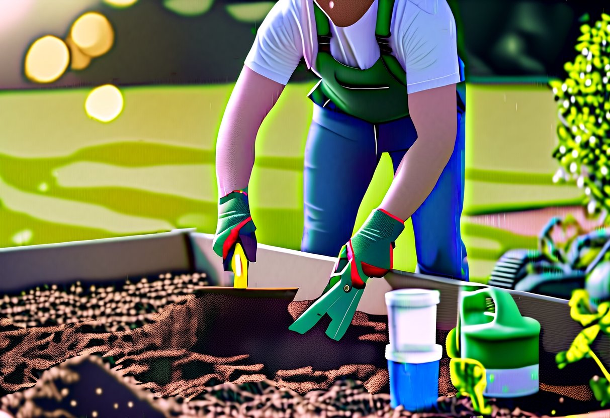 A gardener tilling soil, adding compost, and testing pH levels in a sunny garden bed