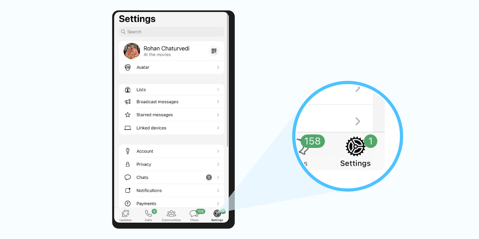 choose setting on the WhatsApp app