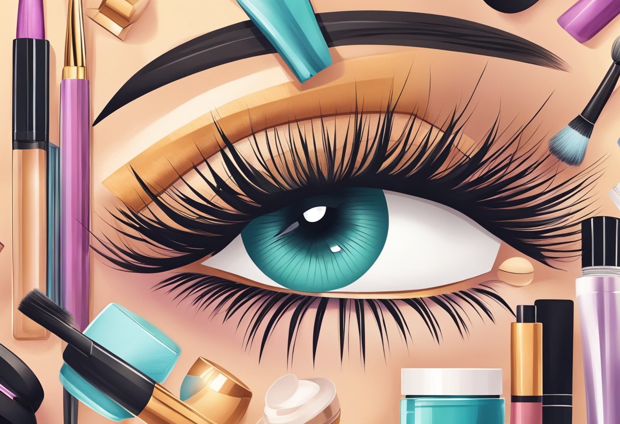 A close-up of an eye with long, dramatic lashes, surrounded by beauty products and tools, reflecting the cultural significance of lashes in modern beauty routines