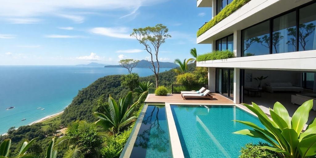 Luxury condo with ocean views and lush greenery in Phuket.