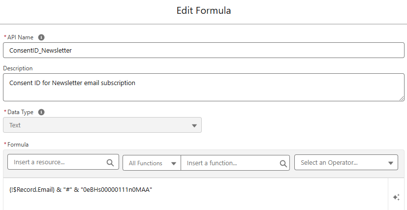 A screenshot of a formula being set up to to generate the consentid field that will be needed in the action elements